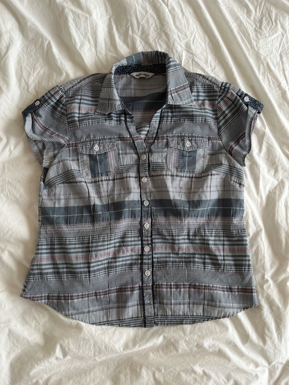 Marie Claire boutique blue red and white plaid summer blouse